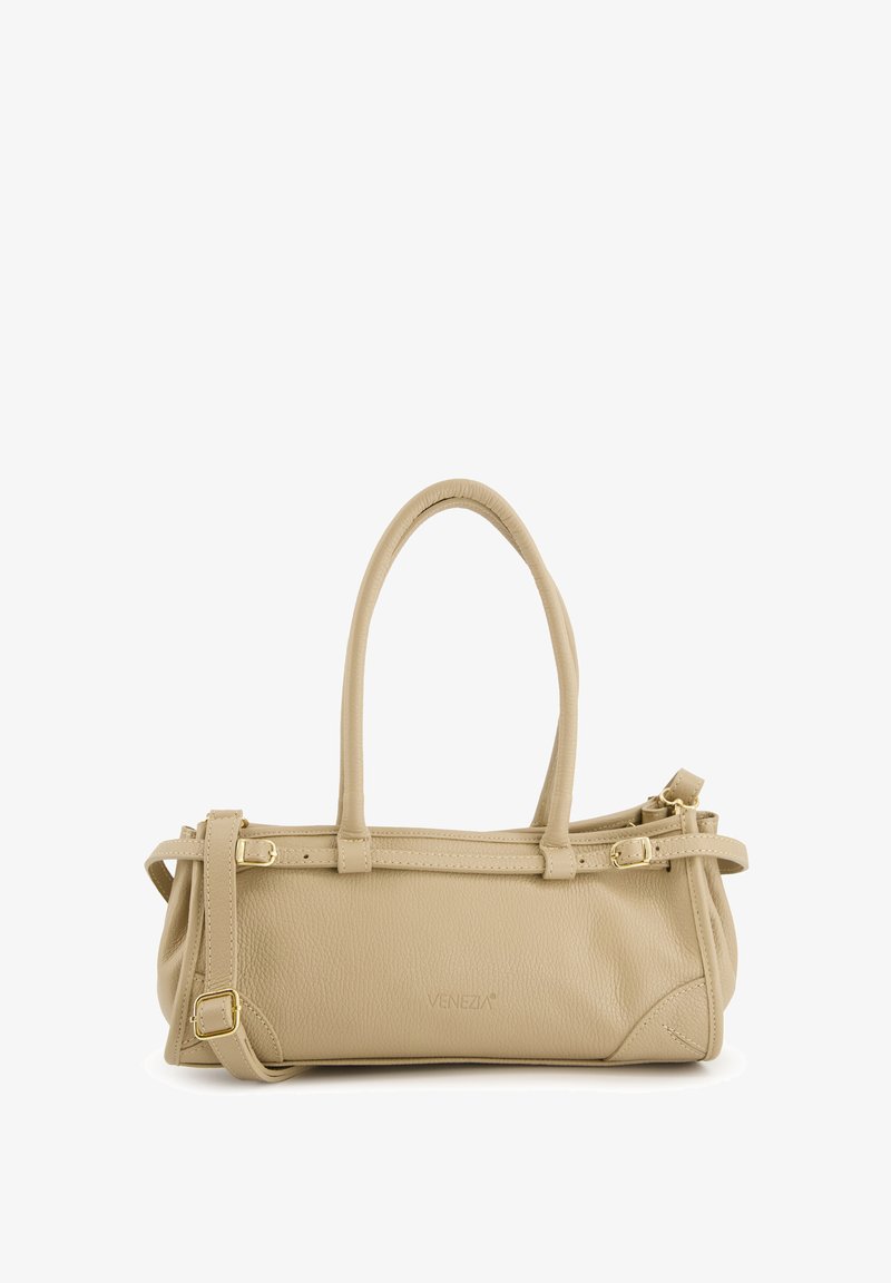 Beige Lederhandtasche mit zwei Griffen, verstellbarem Schultergurt und goldfarbener Hardware. Verfügt über eine strukturierte Oberfläche und ein dezentes Markenlogo.