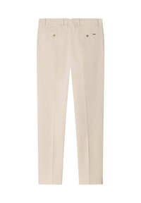 Béžové upravené nohavice so slučkami na opasok, dvoma zadnými vreckami so zapínaním na gombík a nohavicami s rovnými nohavicami, zobrazené zozadu.