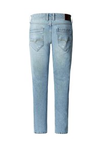 Jean en denim bleu clair vu de dos avec deux poches arrière, des passants de ceinture et une coupe droite.