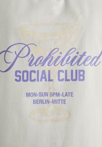 White fabric featuring purple and gold text that reads "Prohibited Social Club" with a graphic of a cocktail glass. Includes operation hours.