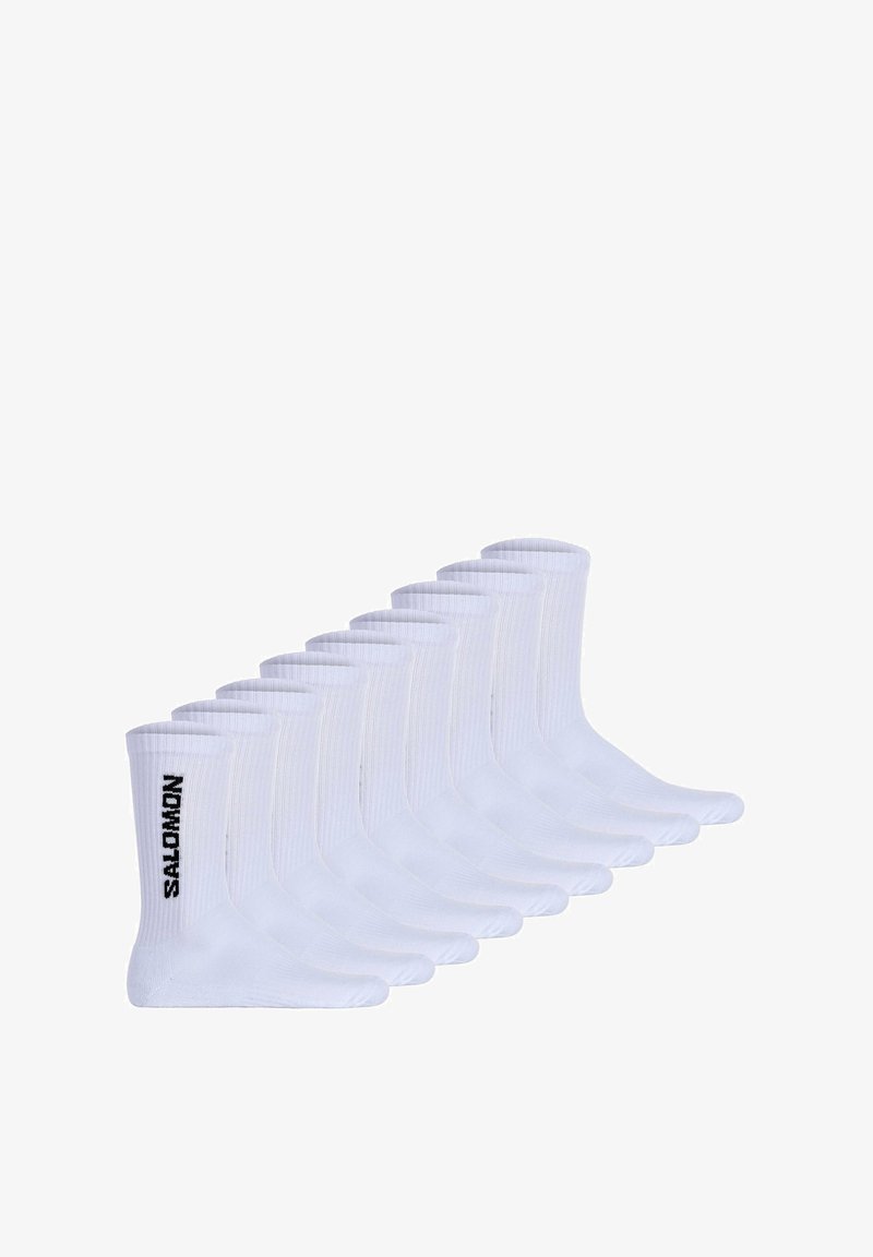 Hvide bomuldsankelsokker med ribbet tekstur, med et sort "SALOMON" logo på manchetterne. Pakke med ti par.