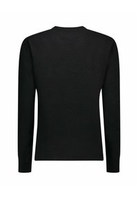 Maglione nero con scollo rotondo, maniche lunghe e una texture liscia e a maglia. Design semplice senza motivi o dettagli hardware visibili.