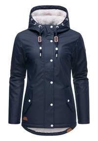 Navy blue waterproof jacket with a faux fur-lined hood, snap buttons, adjustable drawstrings, and side pockets. Features a soft lining.