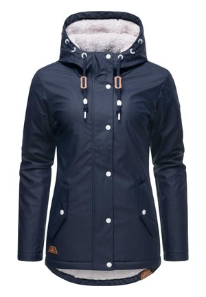 Navy blue waterproof jacket with a faux fur-lined hood, snap buttons, adjustable drawstrings, and side pockets. Features a soft lining.