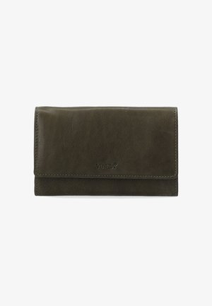 Portefeuille en cuir vert olive à texture lisse, design pliable avec un petit logo embossé à l'avant. Forme compacte et rectangulaire.