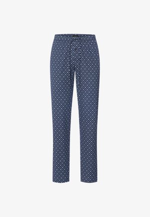 Męskie granatowe spodnie do piżamy z małymi białymi geometrycznymi wzorami kwadratów oraz zapięciem na guziki.