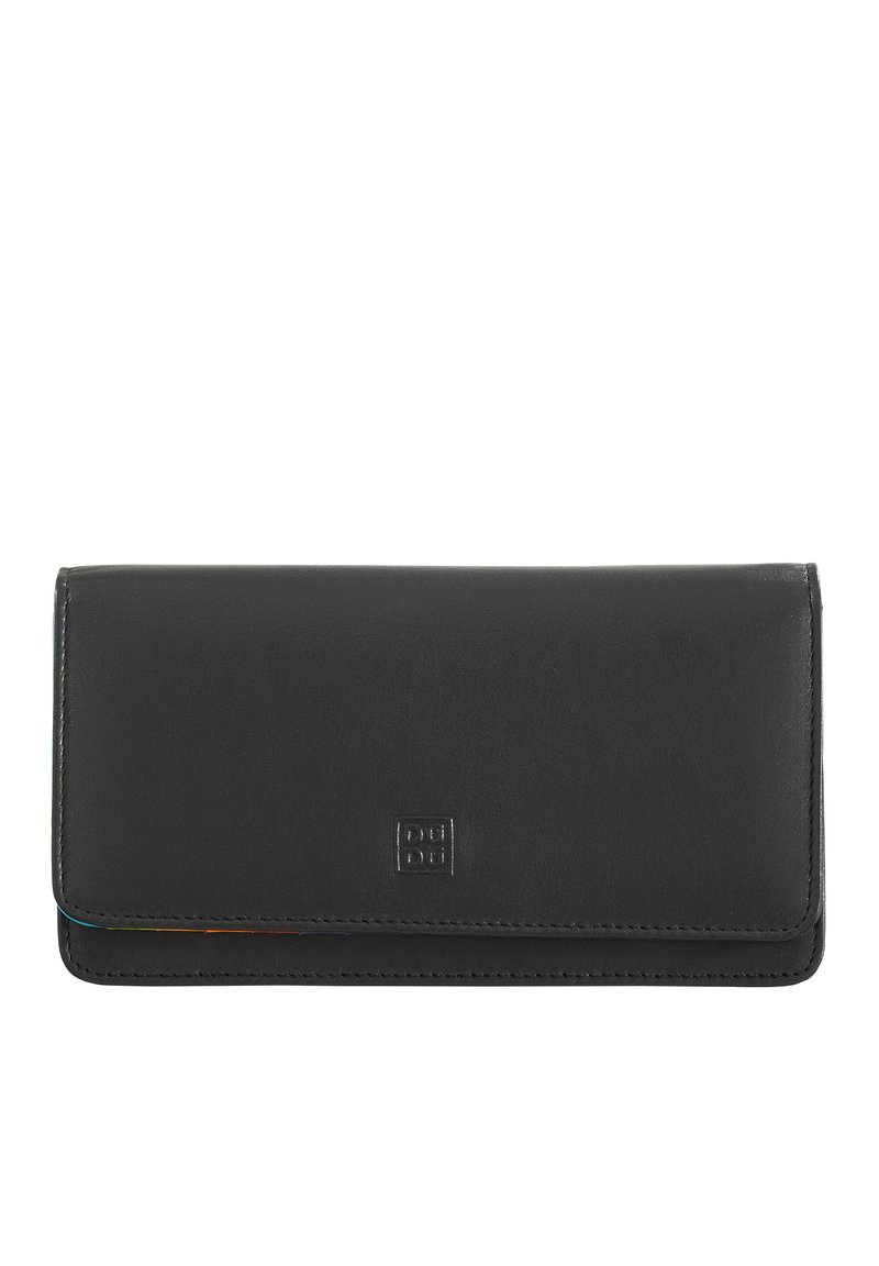 Black leather wallet with a smooth texture, foldover design, and embossed logo. Edges feature a subtle contrast color trim. Compact and rectangular.