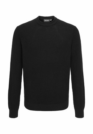 Pull noir en maille côtelée à manches longues avec col rond et poignets ajustés.