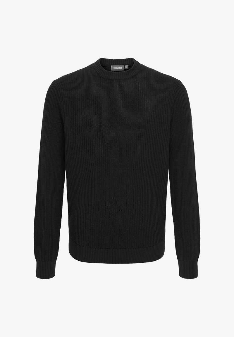 Pull noir en maille côtelée à manches longues avec col rond et poignets ajustés.