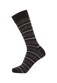 Black striped sock with varying shades of gray and white stripes. Features a ribbed cuff and smooth, soft texture throughout.