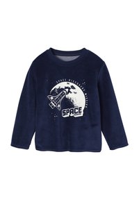Navy blue fleece long-sleeve shirt featuring a white graphic with a rocket and the text "SPACE MISSION" surrounding a moon illustration.