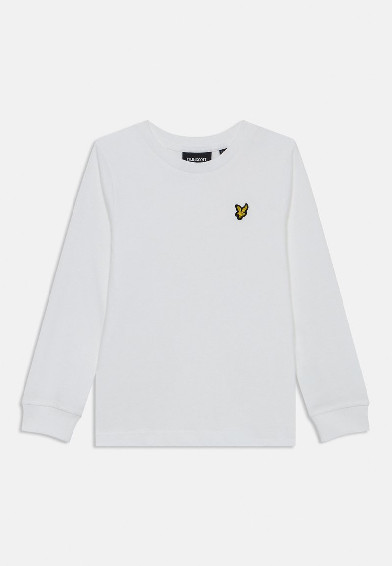 Weißes Langarm-T-Shirt aus Baumwolle. Verfügt über ein kleines, gelb gesticktes Logo auf der Brust. Runder Ausschnitt und gekrempelte Ärmel.