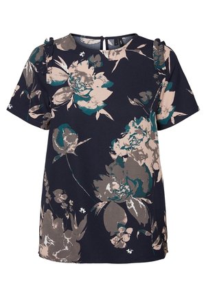 Marineblå kortærmet bluse med beige og blågrønt blomsterprint og små flæsedetaljer på skuldersømmene.