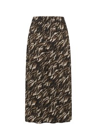 Middelgrote rok met een golvend, abstract patroon in tinten zwart, bruin en crème. Elastische tailleband voor eenvoudig dragen. Zachte stoftextuur.