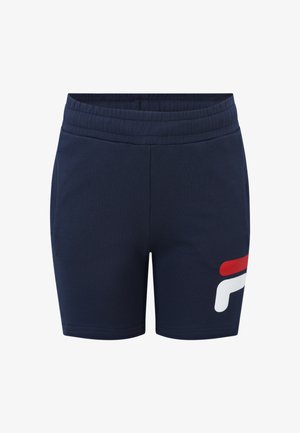 Marineblaue Sportshorts mit elastischem Bund, versehen mit einem roten und weißen Logo auf dem linken Bein und einer glatten, baumwollähnlichen Textur.