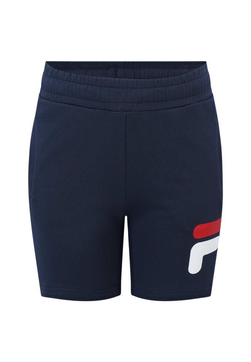 Pantaloni corti sportivi blu navy con cintura elastica, caratterizzati da un logo rosso e bianco sulla gamba sinistra e una texture liscia simile al cotone.