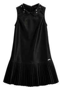 Czarna sukienka bez rękawów z plisowanym dołem, z kołnierzykiem ozdobionym srebrnymi ćwiekami oraz ukrytym zamkiem z tyłu.