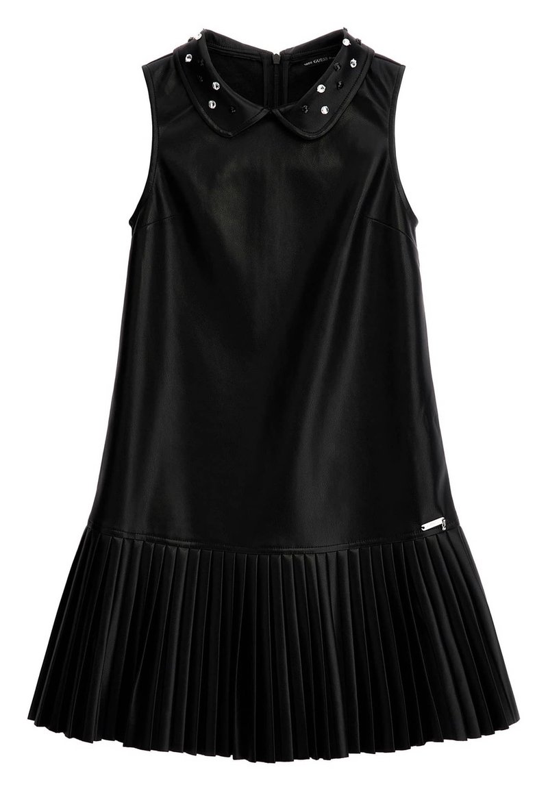Czarna sukienka bez rękawów z plisowanym dołem, z kołnierzykiem ozdobionym srebrnymi ćwiekami oraz ukrytym zamkiem z tyłu.