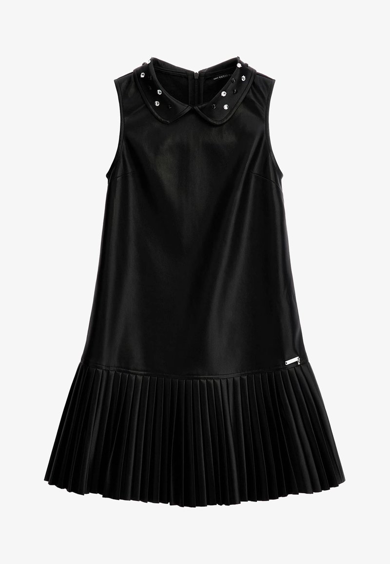 Czarna sukienka bez rękawów z plisowanym dołem, z kołnierzykiem ozdobionym srebrnymi ćwiekami oraz ukrytym zamkiem z tyłu.