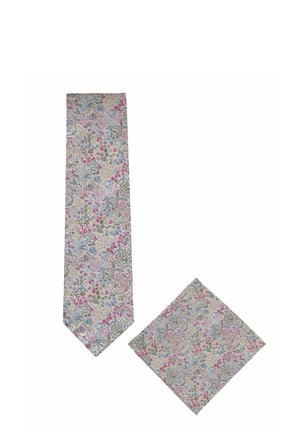 Stropdas met bloemenpatroon en bijpassend pochet met roze, blauw, groen en beige kleuren op een lichte achtergrond.
