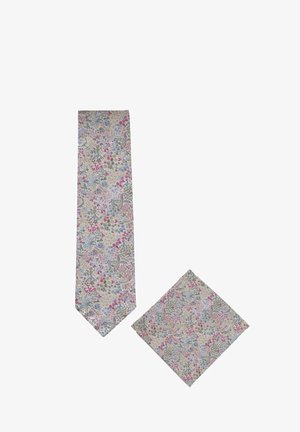 Floral gemusterte Krawatte und passendes Einstecktuch mit rosa, blauen, grünen und beigen Farben auf hellem Hintergrund.