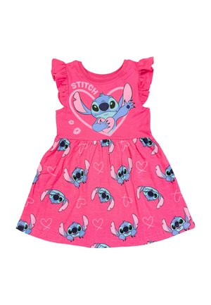 Rosa Kleid mit Rüschenärmel, das ein zentrales Stitch-Motiv und wiederholte Stitch-Designs mit Herzen auf dem Rock zeigt. Baumwollmischung.