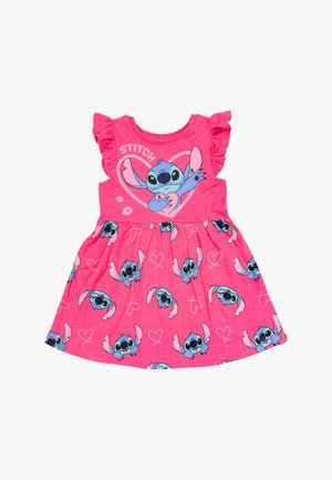 Rosa klänning med volangärmar som har en central Stitch-grafik och upprepade Stitch-motiv med hjärtan på kjolen. Tillverkad i bomullsblandning.