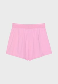 Shorts taille haute rose clair avec une large ceinture élastique et des ouvertures larges aux jambes, présentés à plat sur fond blanc.