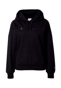 Black hoodie made of soft material, featuring a front pocket, drawstring hood, and a stitched "Champion" logo on the chest.