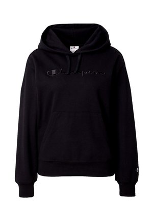 Sweat à capuche noir en matière douce, avec une poche avant, un cordon de serrage sur la capuche et un logo "Champion" brodé sur la poitrine.