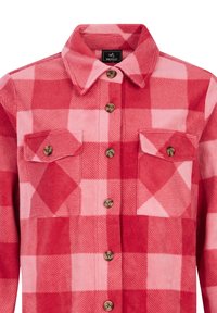 Camicia in flanella a scacchi rossa e rosa con colletto, due tasche sul petto e bottoni marroni. Tessuto morbido con motivo a quadri.