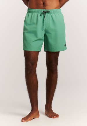 Mann trägt mintgrüne Badeshorts bis zur Mitte des Oberschenkels mit schwarzem und weißem Kordelzug, steht barfuß auf einem schlichten hellen Hintergrund.