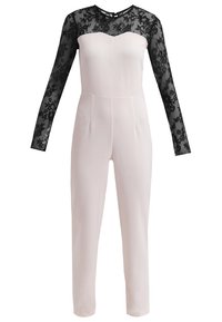 Long-sleeve jumpsuit featuring a fitted cream bodice and black lace overlay on the sleeves. Tailored with a straight leg design.