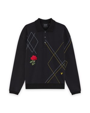 Schwarzes Langarmpolo mit Kragen, verziert mit einer roten Rosenstickerei und geometrischen Mustern in Blau und Gelb. Hergestellt aus strukturiertem Stoff.