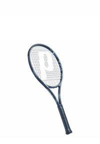 Raqueta de tenis con un marco azul oscuro, patrón de cuerdas blancas y un logotipo prominente. El agarre es texturizado y envuelto en material negro.