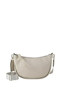 Borsa a spalla color crema realizzata in materiale sintetico strutturato, dotata di chiusura con zip, forma curved e tracolla decorata.