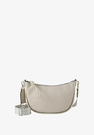 Sac à épaule couleur crème en matériau synthétique texturé, avec fermeture zippée, forme courbée et une sangle à motifs.