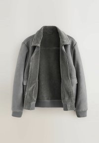 Gray bomber jacket with a soft, fluffy interior, featuring a spread collar, zip front, and ribbed cuffs and hem. Smooth exterior texture.