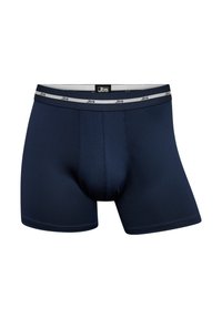 Navy blue men's boxer shorts made of smooth fabric, featuring a contrasting gray waistband with logo and stitching details.