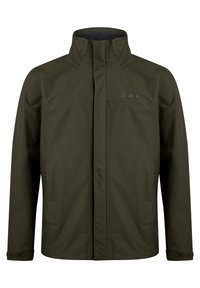 Olivgrön vattentät jacka med hög krage, framzipper och två sidofickor, designad för utomhusbruk.