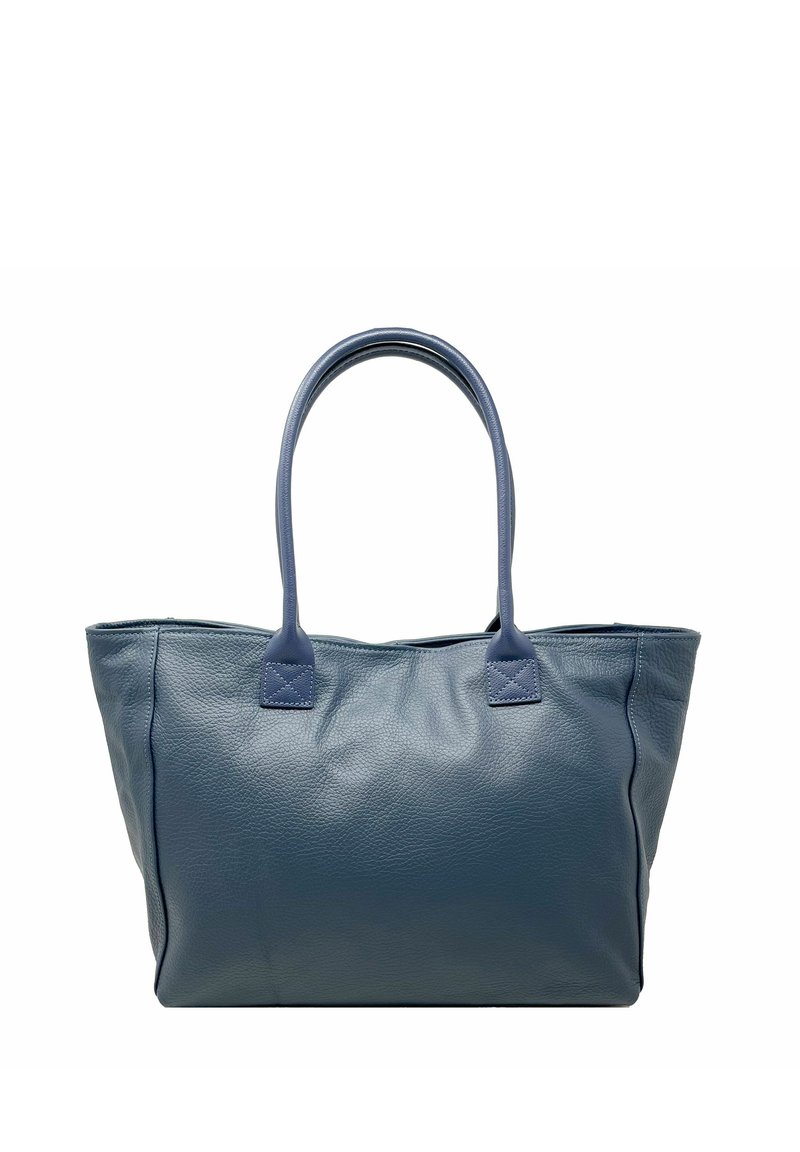 Blauwe leren schoudertas met twee ronde handvatten, gestructureerde afwerking en zachte zijkanten, met een ruime binnenkant en geen zichtbare hardware.