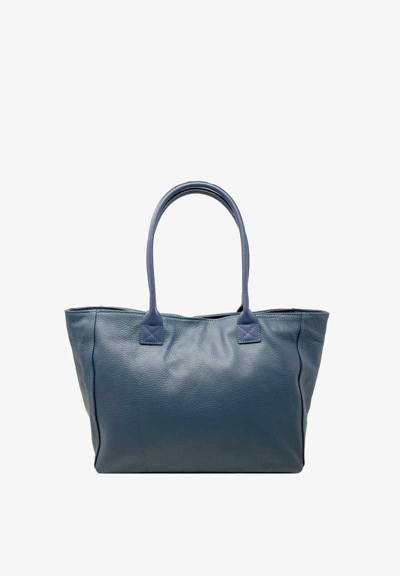 Blauwe leren schoudertas met twee ronde handvatten, gestructureerde afwerking en zachte zijkanten, met een ruime binnenkant en geen zichtbare hardware.