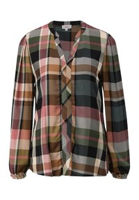 Blouse femme à manches longues avec poignets élastiques et grand motif à carreaux multicolores dans des tons rose, vert, marron, noir et beige.