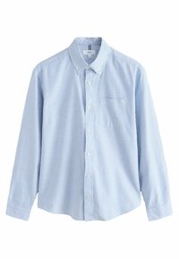 Chemise à manches longues rayée bleu et blanche avec un col boutonné, une poche avant et des manches à poignet, fabriquée en tissu léger.