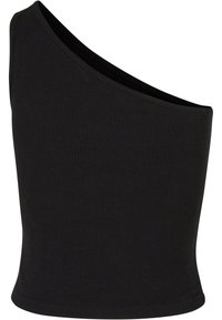 Svart ribbestrikket tank top med en asymmetrisk design for én skulder. Stretchmateriale, tettsittende fasong og en jevn tekstur.
