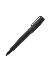 Stylo à bille rétractable noir avec prise texturée et clip métallique sur fond blanc.