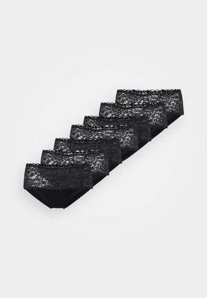 Conjunto de seis braguitas de encaje negro con un delicado patrón floral, cinturilla elástica ancha y un forro de algodón suave.