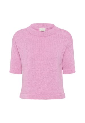 Pull tricoté rose clair à manches courtes avec encolure ronde et bords côtelés, présenté sur un fond blanc.