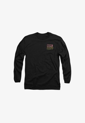 Schwarzes Langarmshirt aus Baumwolle mit Rundhalsausschnitt; verfügt über ein aufgedrucktes rotes und gelbes "MARVEL Comics"-Logo auf der Brust.