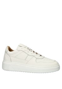 Witte leren sneaker met een soepele textuur, ronde neus en een binnenkant van bruin suède. Heeft gestikte accenten en een rubberen zool met grippatronen.